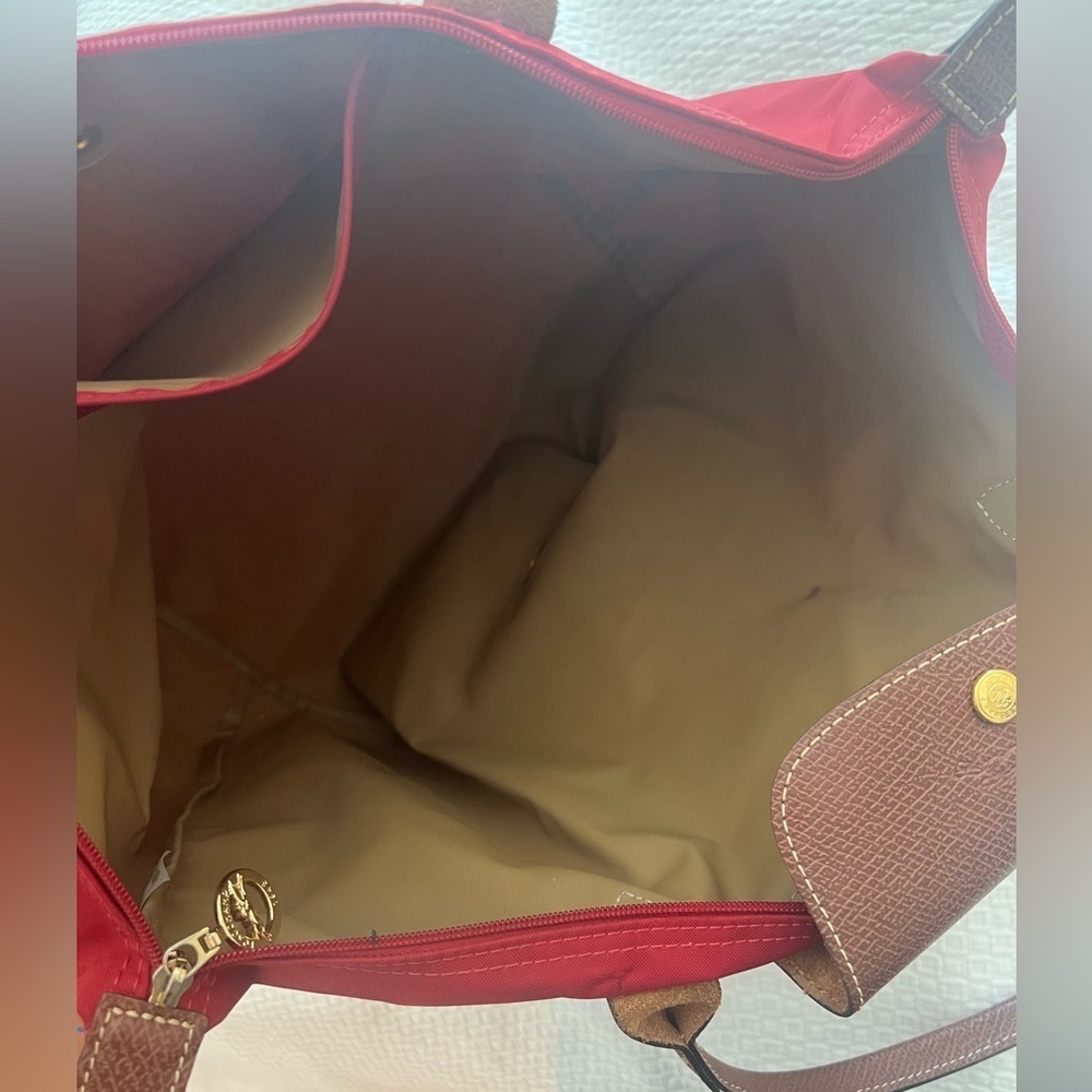 Longchamp Nylon Tote in Red with Brown Trim - Picture 10 of 16